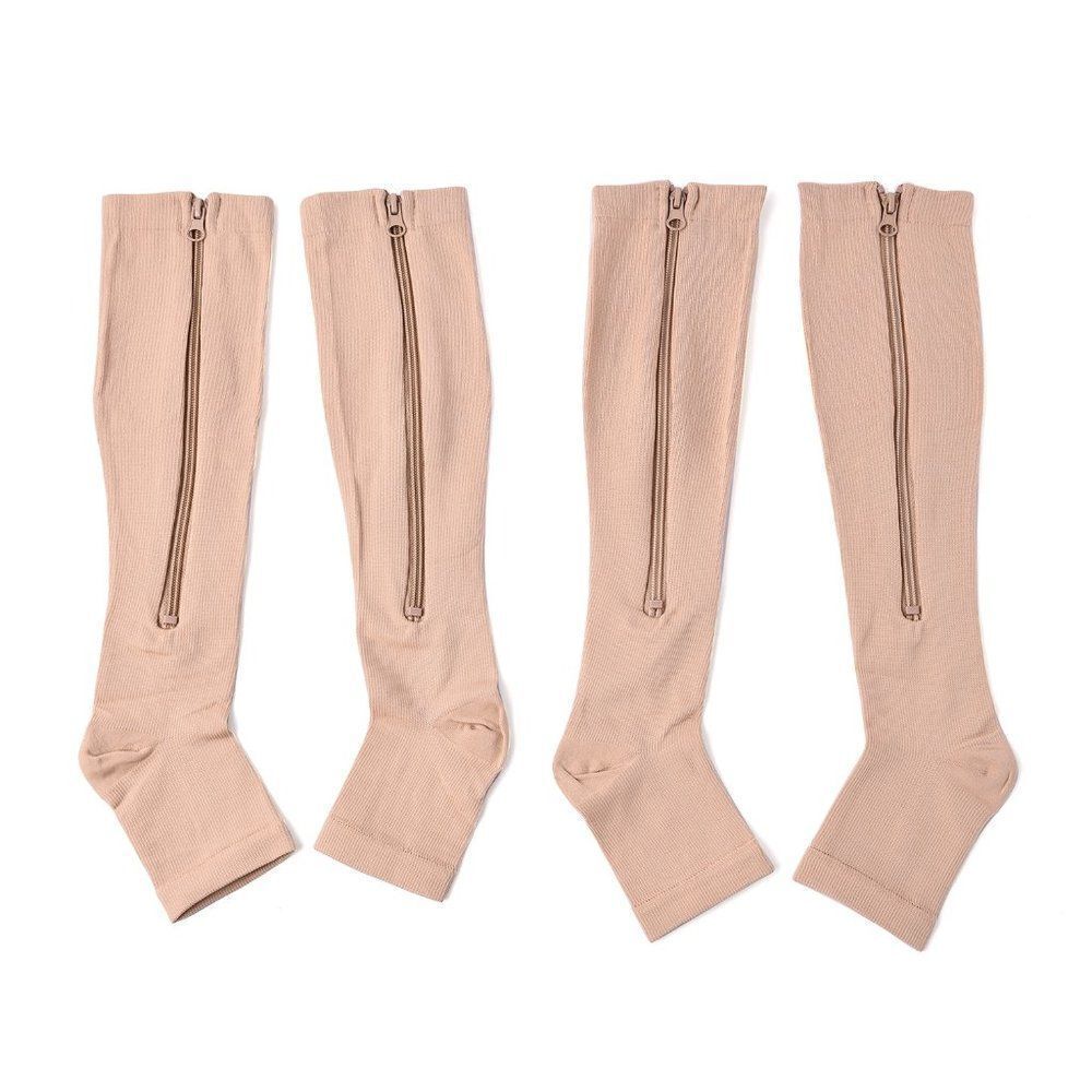 Zipper Compression Socks with Open Toe (S/M) Tan